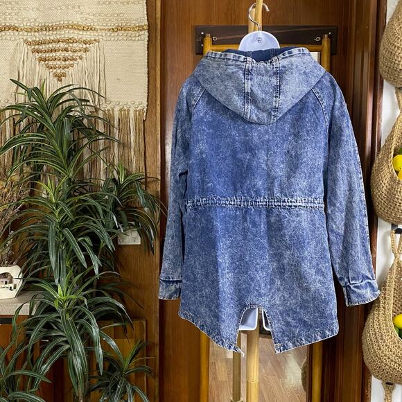 Vintage 90s Hooded Denim Jacket M/L | Stonewash Snap Front Festival Jacket Layer - Picture 3 of 16